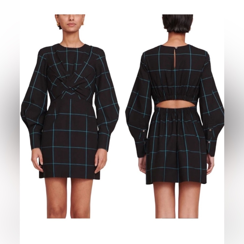 NEW STAUD Crosshill Cut Out Mini Dress Windowpane Black Blue Long Sleeve Small